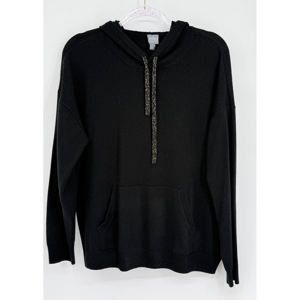 Soho Street New York & Company Black Knit‎ Hoodie Glitter Drawstring Sz XL